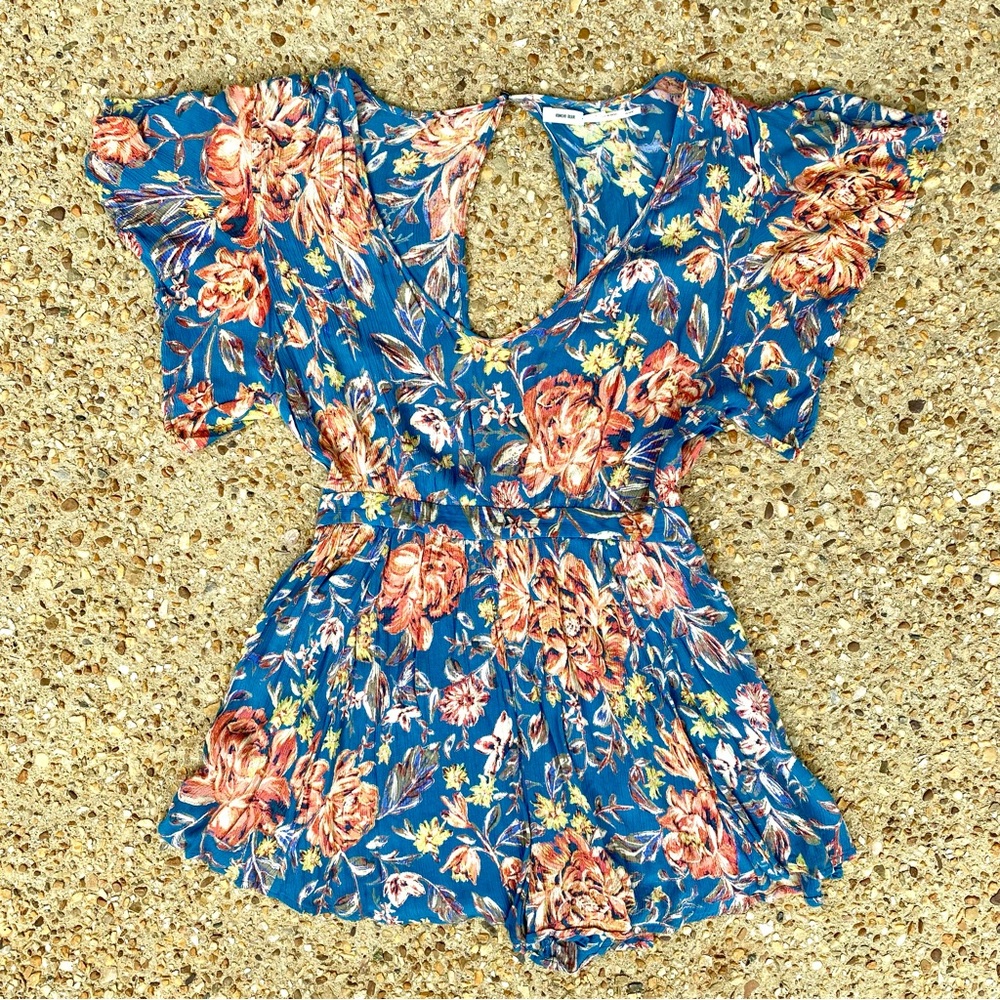 UO Kimchi Blue Boho Teal Floral Spring Lined Romper Size 6